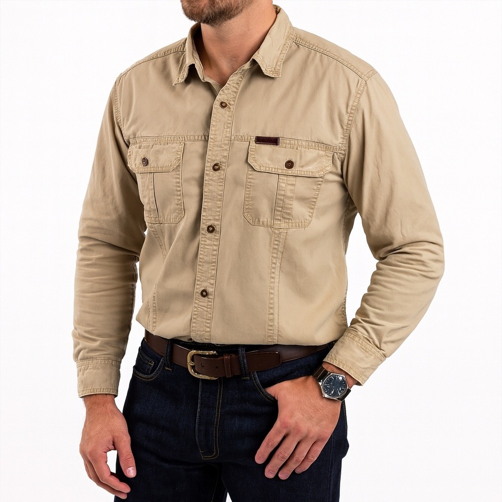 Mens Outdoor Series Fits Like Large Beige Button Up Shirt Long Sleeve Casual